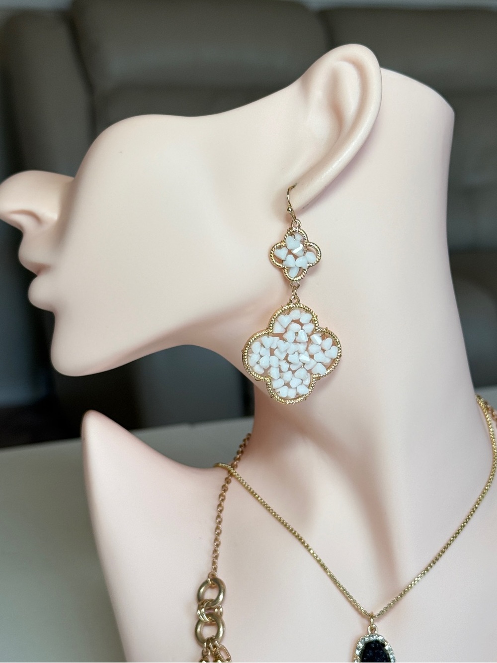 Gold and White Floral Mosaic Drop Earrings